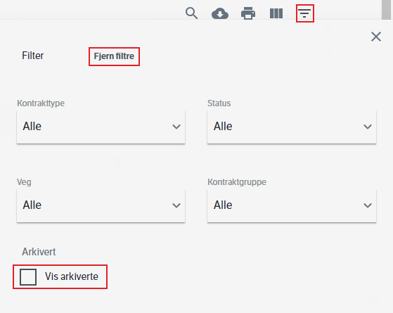 Se arkiverte kontrakter ved å trykke på &quot;Vis arkiverte&quot; nederst i filtreringsvinduet