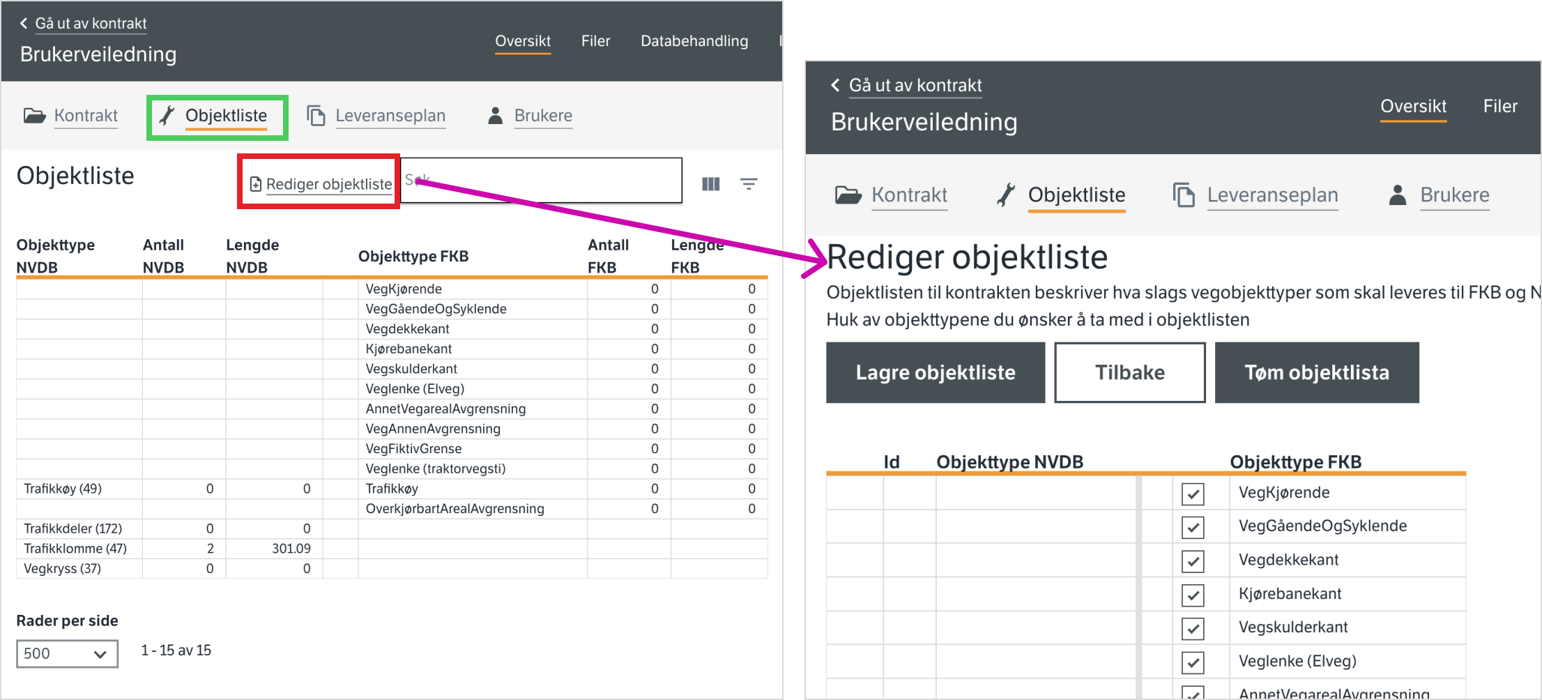 Rediger objektliste