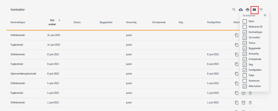 Legg til og fjern kolonner i tabellvisningen ved å huke av ønskede kolonner under &quot;Se kolonner&quot; nest til høyre