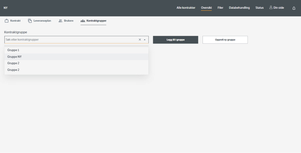 Under &quot;Oversikt&quot; og &quot;Kontraktgrupper&quot; kan man søke etter eksisterende kontraktgrupper, eller opprette en ny gruppe