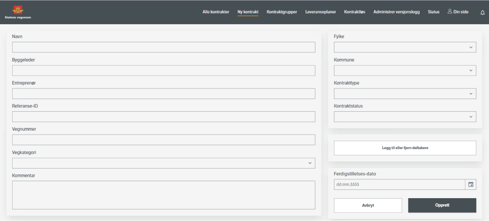 Under &quot;Ny kontrakt&quot; i navigasjonsbaren får man opp siden for å opprette ny kontrakt