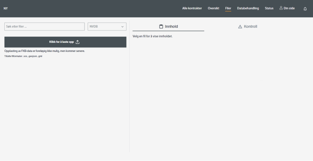 Bilde som viser fanen &quot;Filer&quot; og underfanene &quot;Innhold&quot; og &quot;Kontroll&quot;, i tillegg til knappen for opplastning