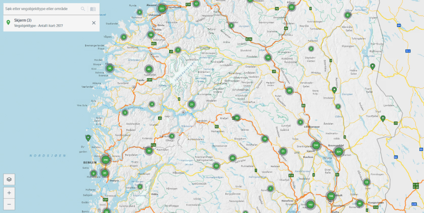 Kart med vegobjekter som vises i form av bobler med tall inni