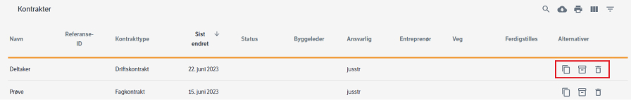 Kopier, arkiver, eller slett kontrakter ved å bruke de ulike alternativene under &quot;Alternativer&quot;