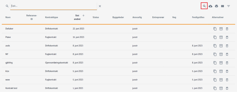 Bruk søkefunksjonen for å søke på kontrakter og data i tabellen