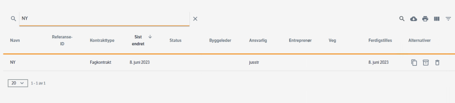 Resultat av et søk etter navn på kontrakt