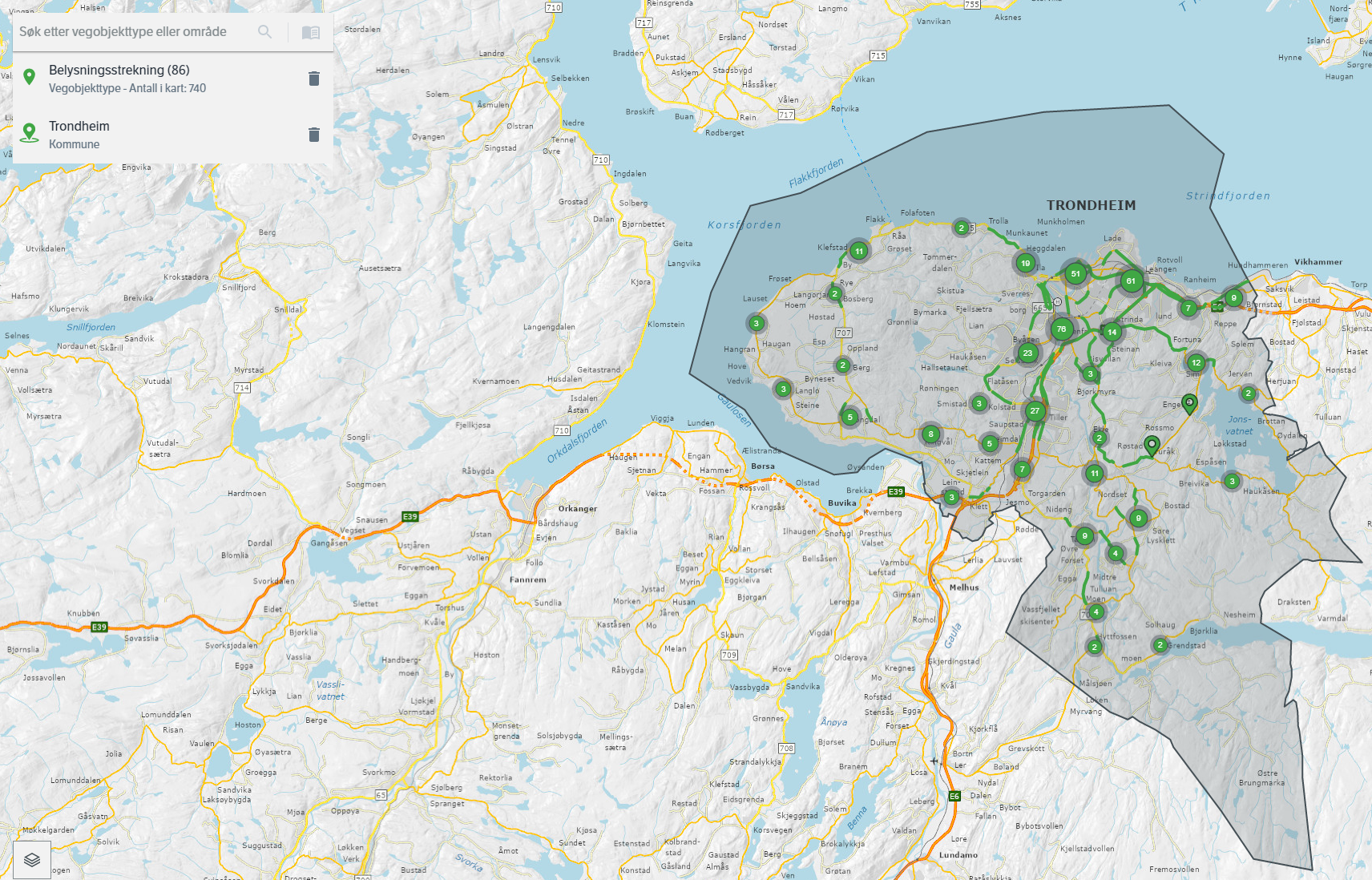 Liste over filtre til venstre(Område Trondheim, Vegobjekttype belysningsstrekning) og de gjeldende objektene vist på kartet