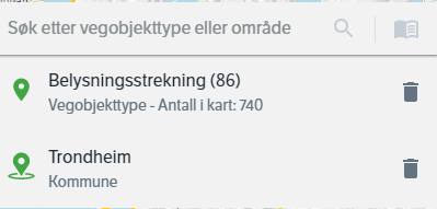 Man har alltid en oversikt over aktive filtre. Her har vi kommunen Trondheim, og vegobjekttypen belysningsstrekning.