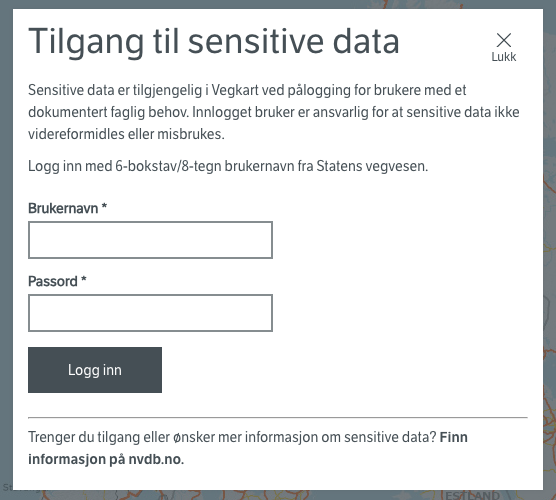 Utsnittsbilde fra Vegkart for pålogging