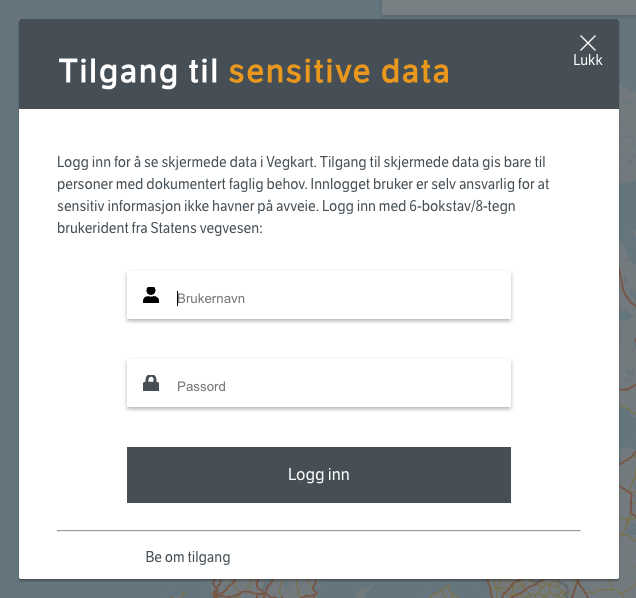 Utsnittsbilde fra Vegkart for pålogging