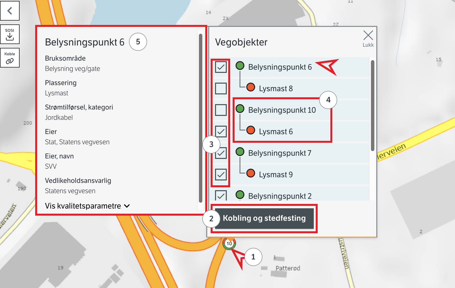 Liste over valgte vegobjekter i kartet