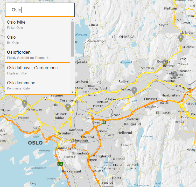 Et skjermbilde av skjemaet kartet med søkefelt og tidligere registrerte saker i samme område