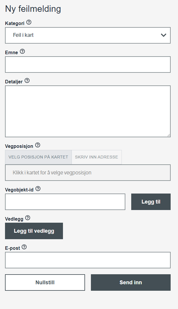 Et skjermbilde av skjemaet for opprettelse av ny feilmelding