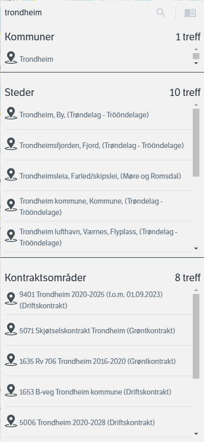 Kraftig søkefunksjonalitet: &quot;Trondheim&quot; gir både en kommune, en liste med steder og kontraktsområder