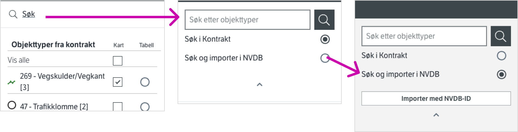 Stegene for å bytte til &#39;søk og importer i NVDB&#39;