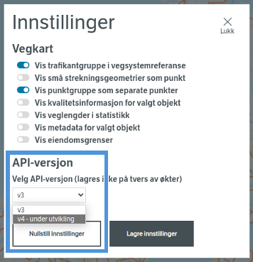 Vis API versjoner i innstillinger