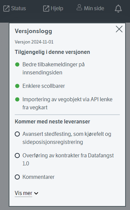 Nyeste endringer vises i verjonsloggen